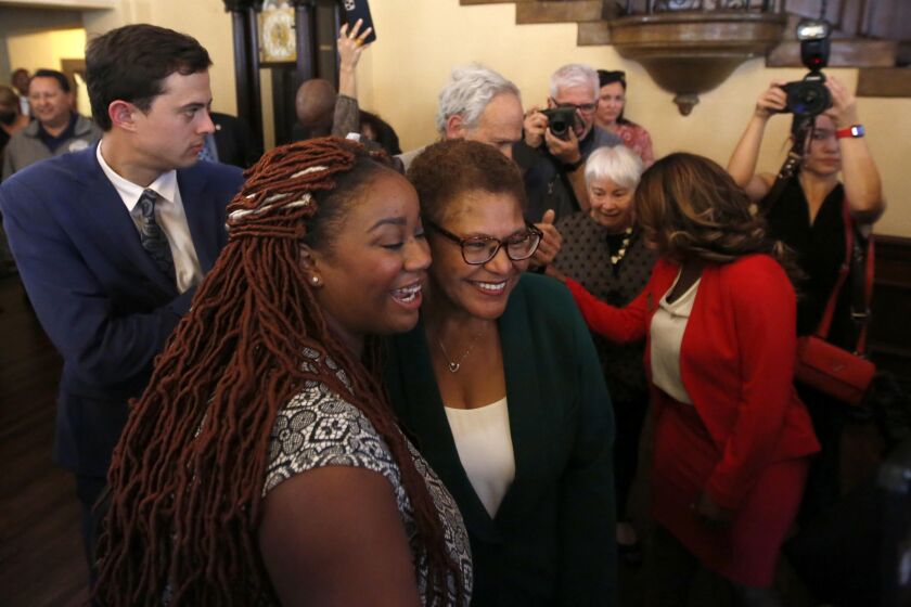 LOS ANGELES, CA - NOVEMBER 17, 2022 - - Los Angeles Mayor Elect U.S. Rep. Karen Bass greets supporters at the Wilshire Ebell Theater in Los Angeles on November 17, 2022. Bass is the first woman mayor of Los Angeles. (Genaro Molina / Los Angeles Times)