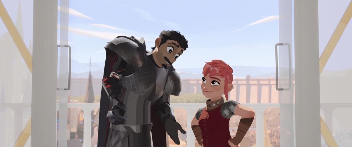 A knight stands next to a teen in an animated film still.