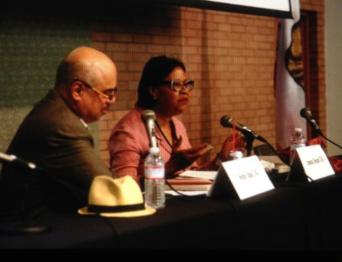 Jamaica Kincaid, speaking with Hector Tobar, shared her motivation for writing at the Festival of Books on Sunday.