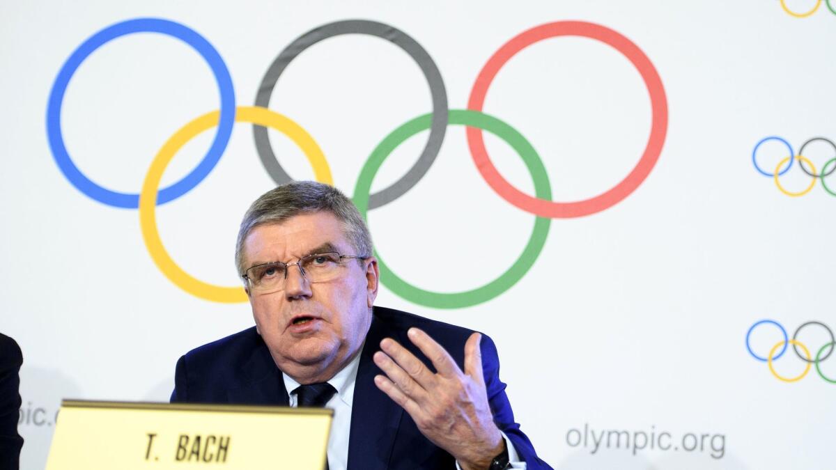 International Olympic Committee President Thomas Bach speaks during a Dec. 6 conference in Lausanne, Switzerland.