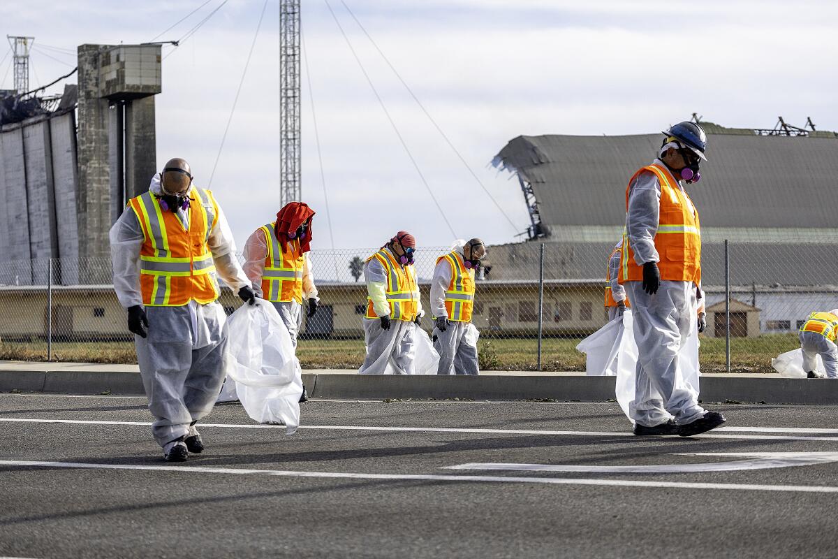 Cleanup workers with trash bags and orange vests