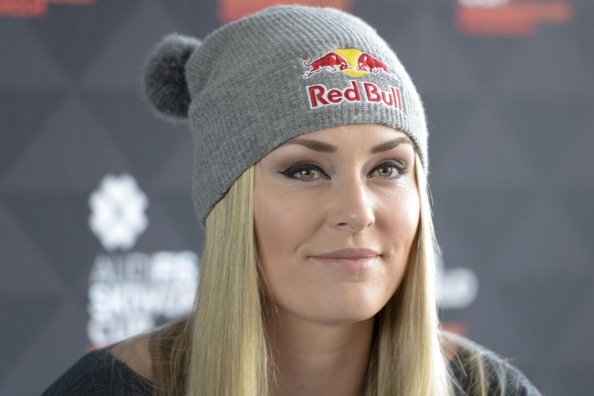 Lindsey Vonn speaks during a news conference in Stockholm on Feb. 23.