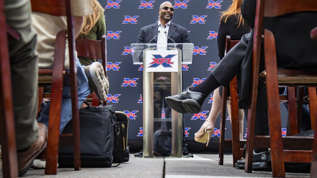 Winston Moss, former associate head coach of the Green Bay Packers, addresses the media after it was announced he will be the head coach of the XFL’s Los Angeles team during a news conference on The Terrace at L.A. LIVE on Tuesday.