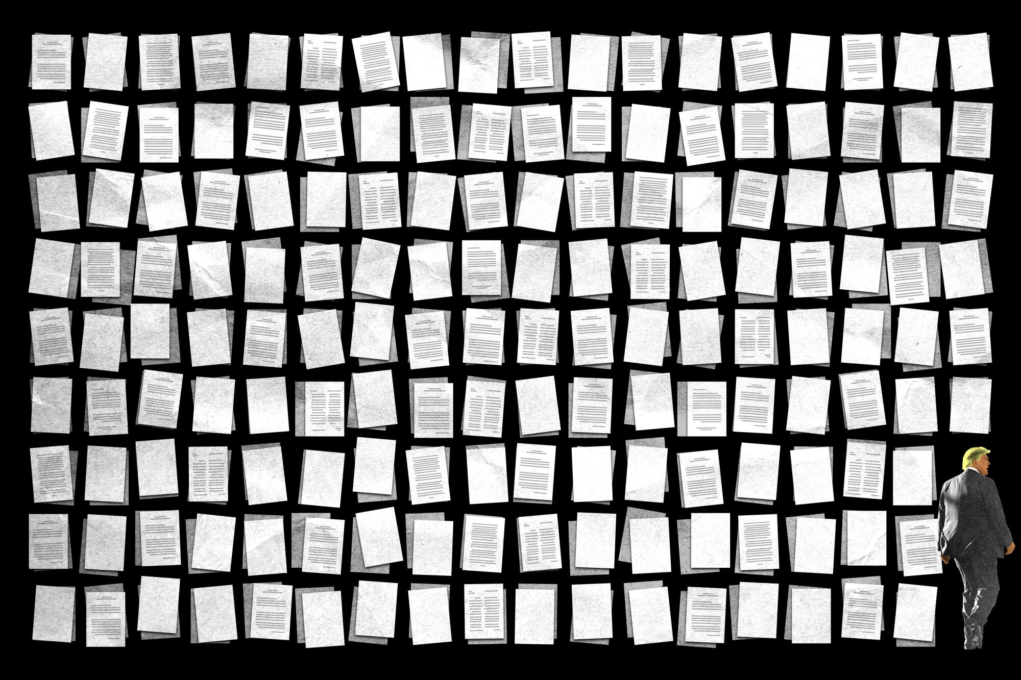 A photo illustration of hundreds of documents stacked in rows with a small figure of Donald Trump in the bottom right corner.