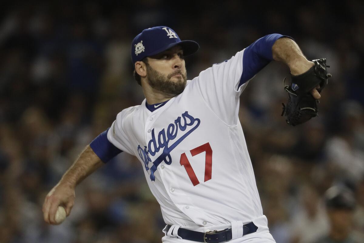 Dodgers relief pitcher Brandon Morrow delivers in Game 1 of the 2017 NLDS against the Arizona Diamondbacks.
