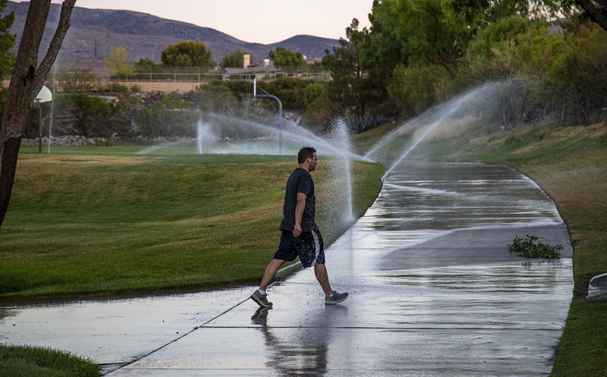 A resident walks in a park as sprinklers water the grass 