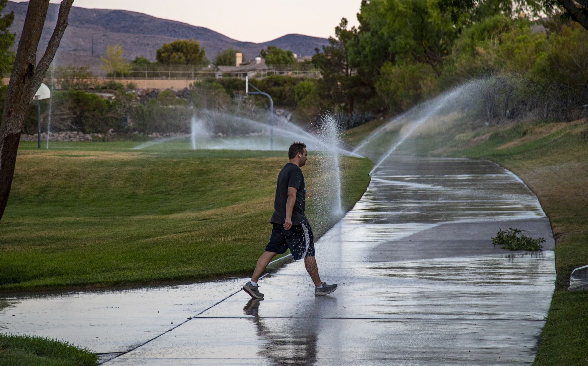 A resident walks in a park as sprinklers water the grass
