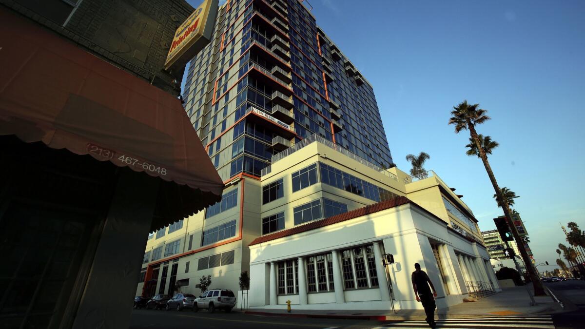 The Sunset and Gordon apartment tower, at Sunset Boulevard and Gordon Street, has been vacant for years. It was emptied out in the wake of a 2014 legal ruling striking down the city's approval of the project.