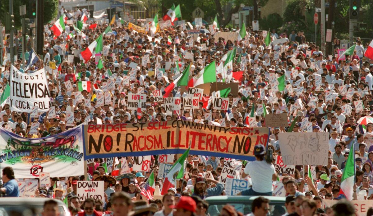 The Oct. 16, 1994 march protesting Proposition 187, which would pass on Nov. 8, 1994, only to be declared unconstitutional. 