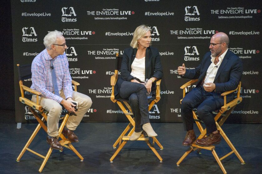 Los Angeles, CA - October 2, 2019 - Los Angeles Times staff writer Glenn Whipp, from left, in a Q and A with "The Report" producer Jennifer Fox and writer/director Scott Z. Burns. The Los Angeles Times Envelope Live screening of "The Report," took place at The Montalban in Hollywood on Wednesday October 2, 2019. (Ana Venegas/For The Times)