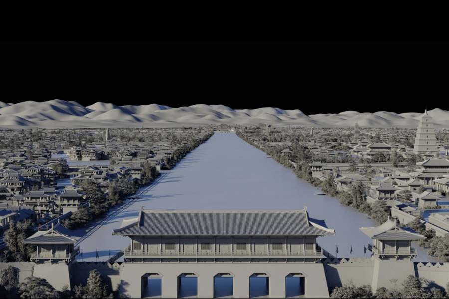 The Oscar-nominated VFX team of the live-action "Mulan" constructed a photoreal Imperial City. Here's an animated GIF 