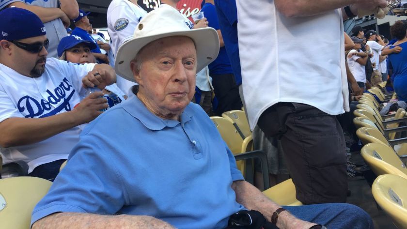 Norman Lloyd watches Game 2 of the 2017 World Series at Dodger Stadium,