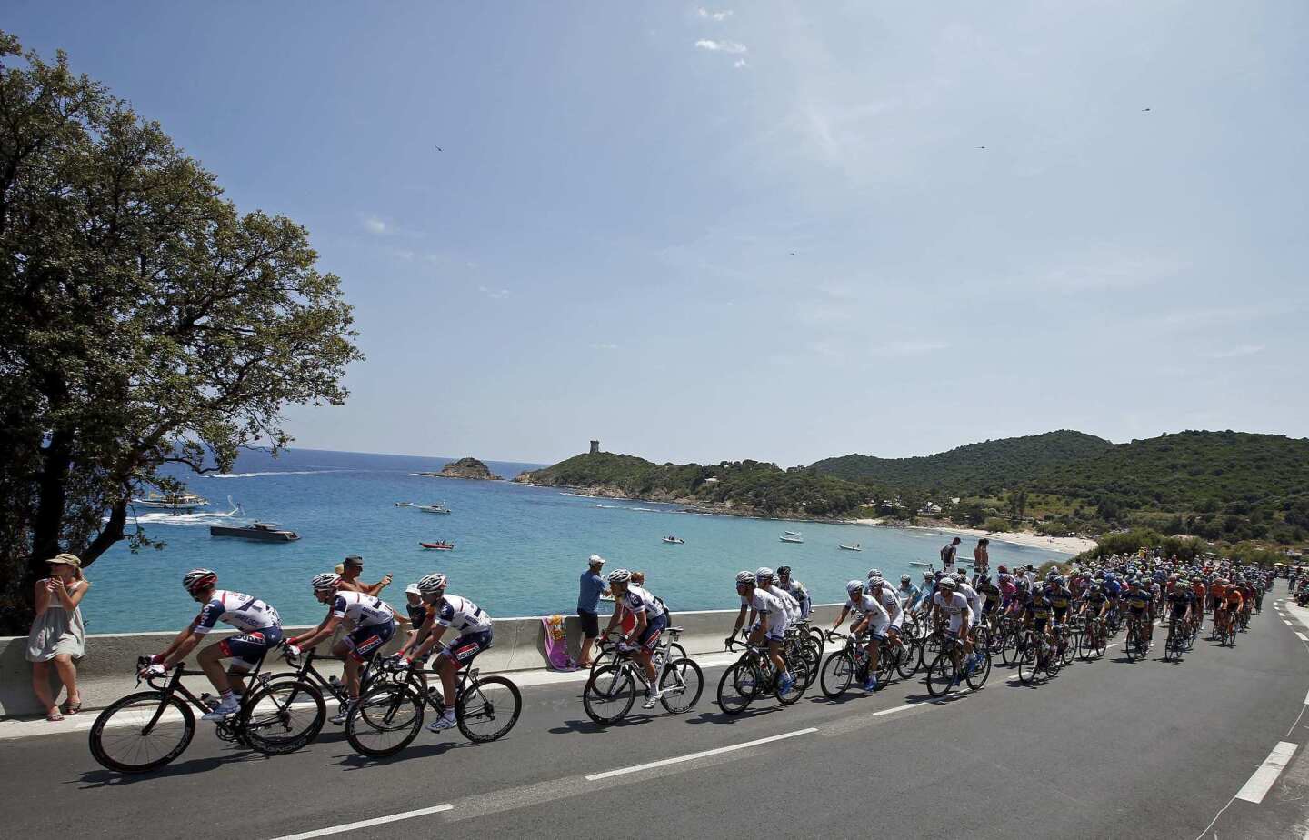 The pack of riders cycles along the coast during the 213 km first stage of the centenary Tour de France cycling race from Porto-Vecchio to Bastia
