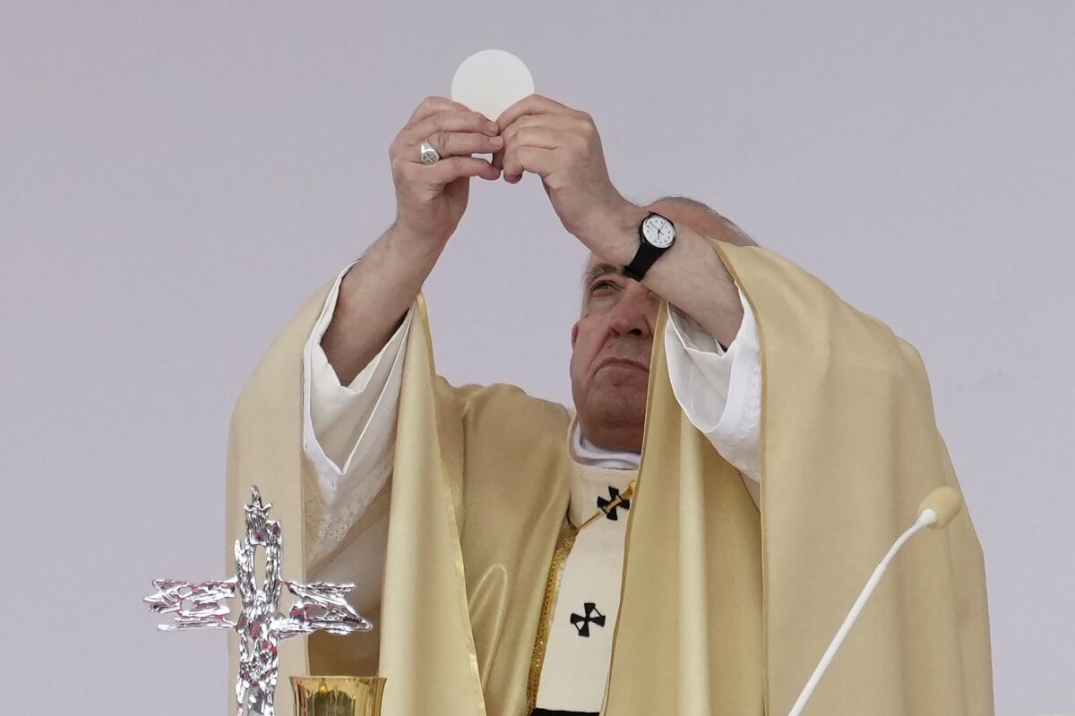 Pope Francis holds mass at Rome's Catholic University Of The Sacred Heart to help mark the 60th anniversary of its establishment, in Rome, Friday, Nov. 5, 2021. (AP Photo/Andrew Medichini)