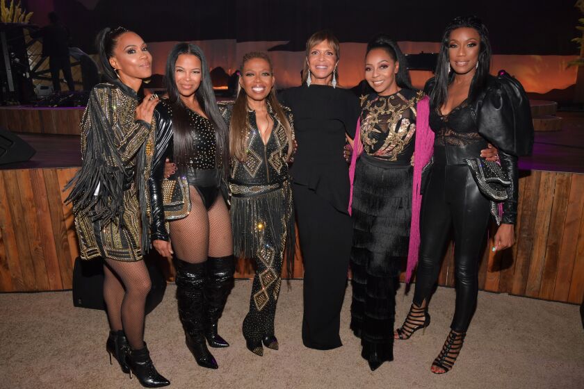 Spirit of Life honoree Sylvia Rhone, chairman and CEO Epic Records, center, with, from left, Cindy Herron, Dawn Robinson, Maxine Jones, Terry Ellis and Rhona Bennett of En Vogue at City of Hope Spirit of Life Gala 2019 on October 10, 2019, in Santa Monica.