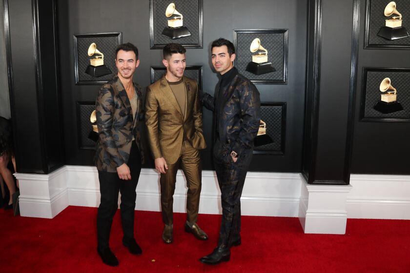 LOS ANGELES, CA - January 26, 2020: The Jonas Brothers, Kevin Jonas, Nick Jonas and Joe Jonas arriving at the 62nd GRAMMY Awards at STAPLES Center in Los Angeles, CA.(Allen J. Schaben / Los Angeles Times)
