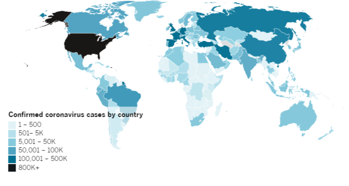 Confirmed COVID-19 cases by country as of 4:30 p.m. PDT Monday, April 27. Click to see the map from Johns Hopkins CSSE.