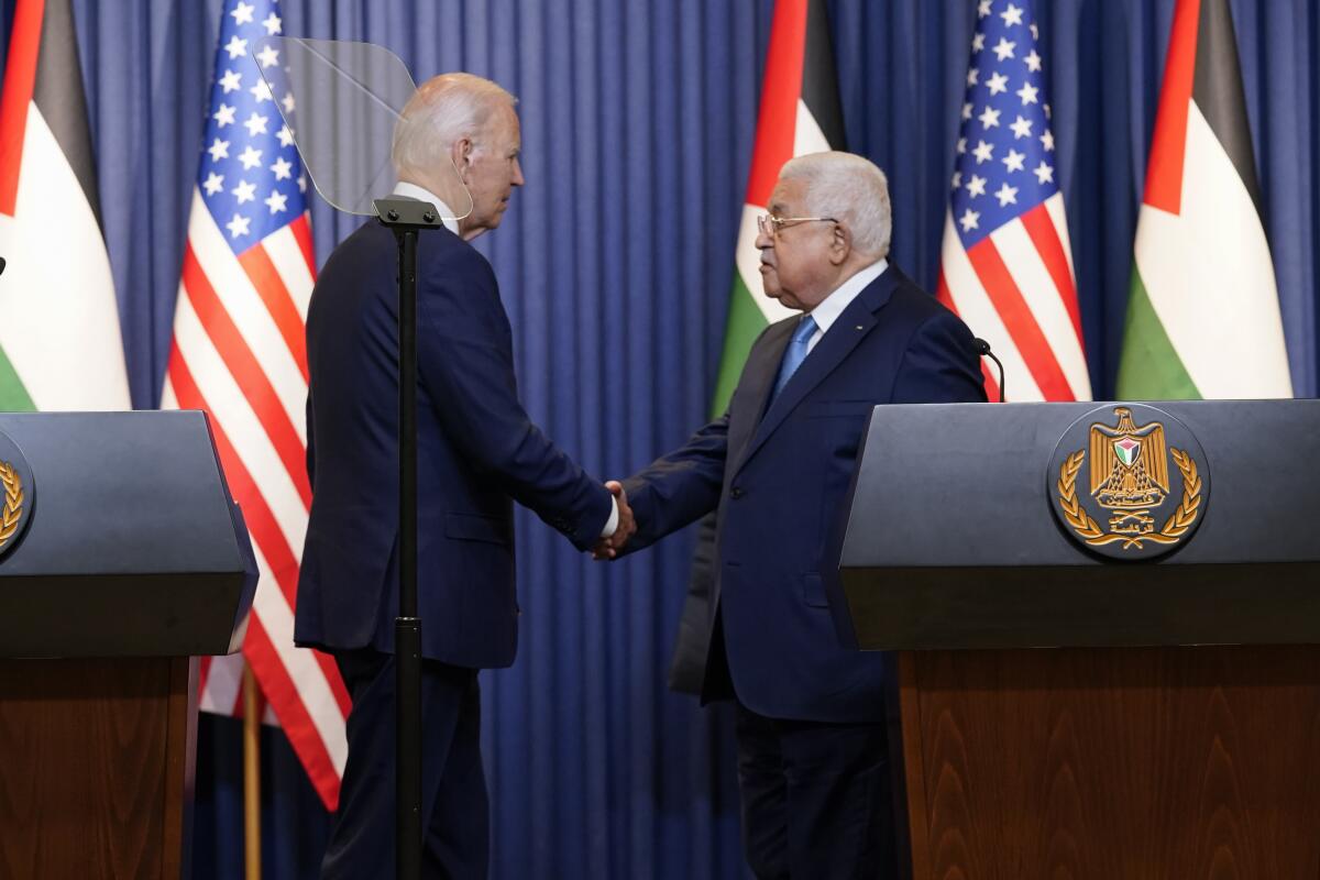 U.S. President Joe Biden speaks with Palestinian President Mahmoud Abbas on Friday.