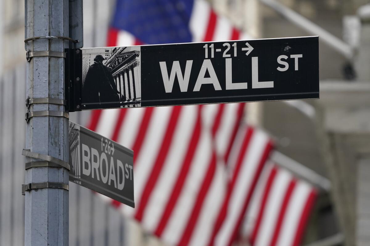 A Wall Street sign by the New York Stock Exchange.