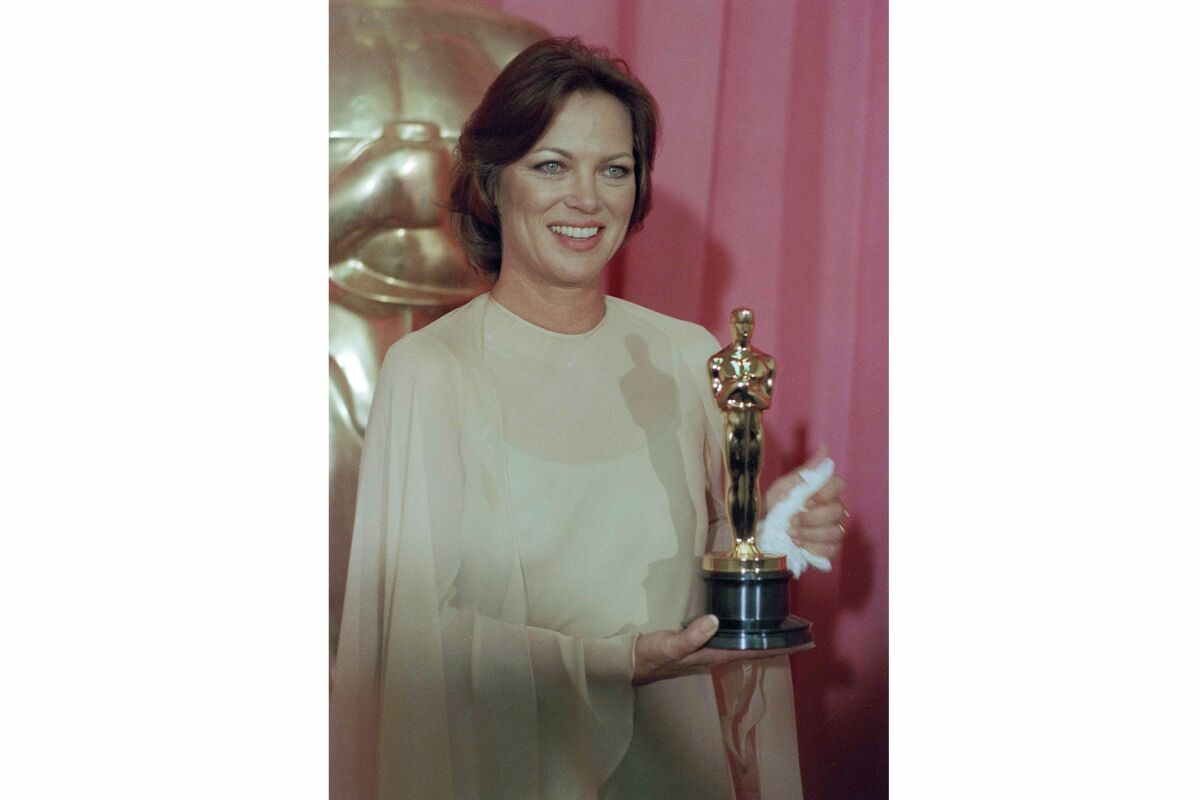 Louise Fletcher holds the Academy Award she won for her role in "One Flew Over The Cuckoo's Nest" in Los Angeles, March 1976.