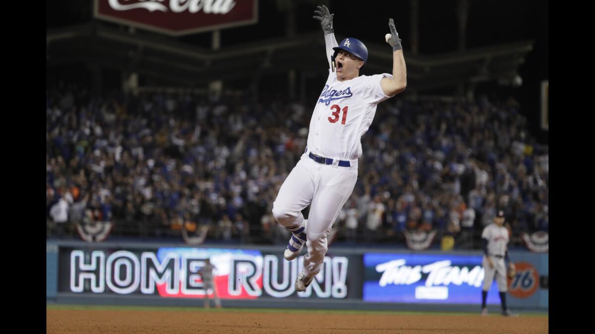 Joc Pederson homers in the seventh inning in Game six of the World Series at Dodger Stadium.