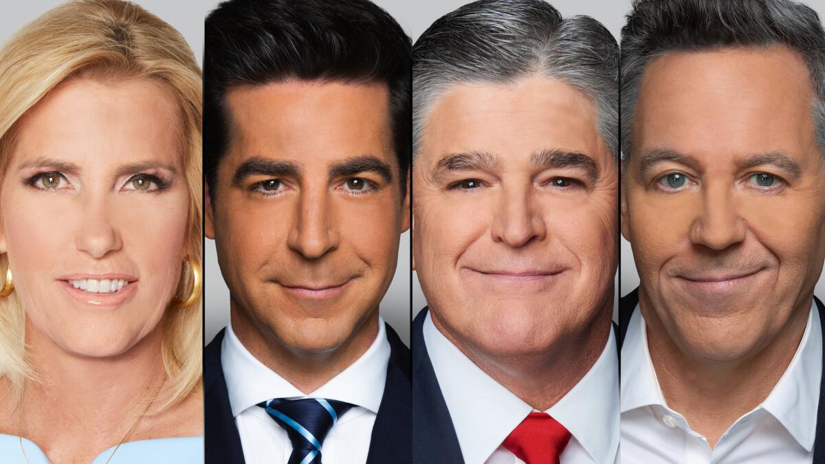 Fox News' new prime-time line-up: Laura Ingraham at 7 p.m. Eastern, followed by Jesse Watters, Sean Hannity and Greg Gutfeld.