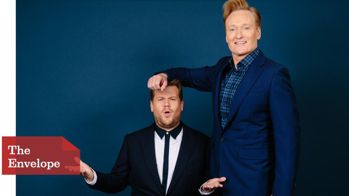 Late night funny men Conan O'Brien and James Corden talk hosting duties.