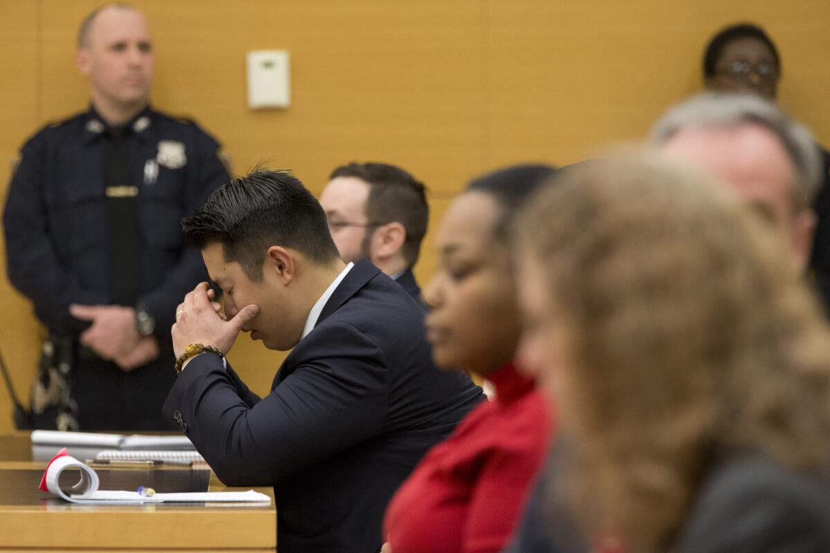 Former New York City police Officer Peter Liang reacts as the verdict is read during his trial on charges in the shooting death of Akai Gurley. He was accused of manslaughter.