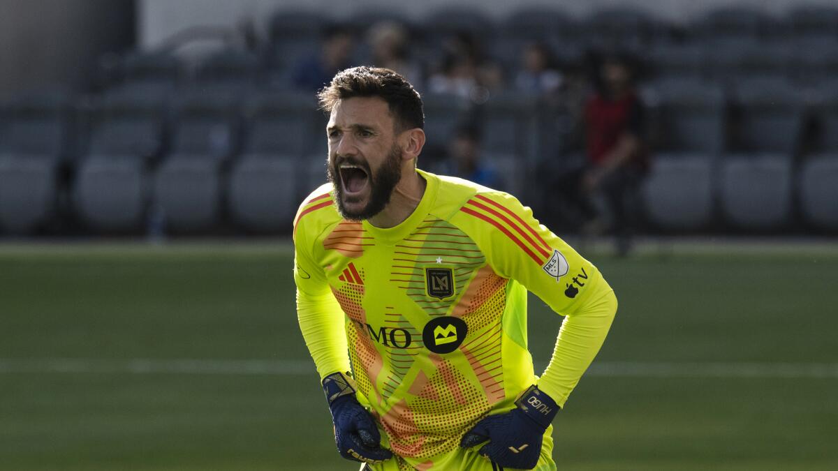 LAFC goalkeeper Hugo Lloris shouts during a match against the Seattle Sounders.