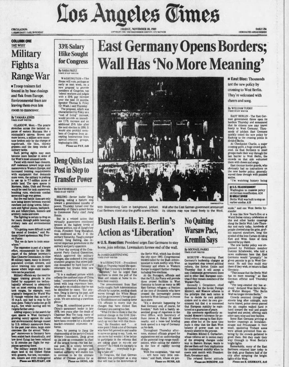 An L.A. Times newspaper clipping about the fall of the Berlin Wall