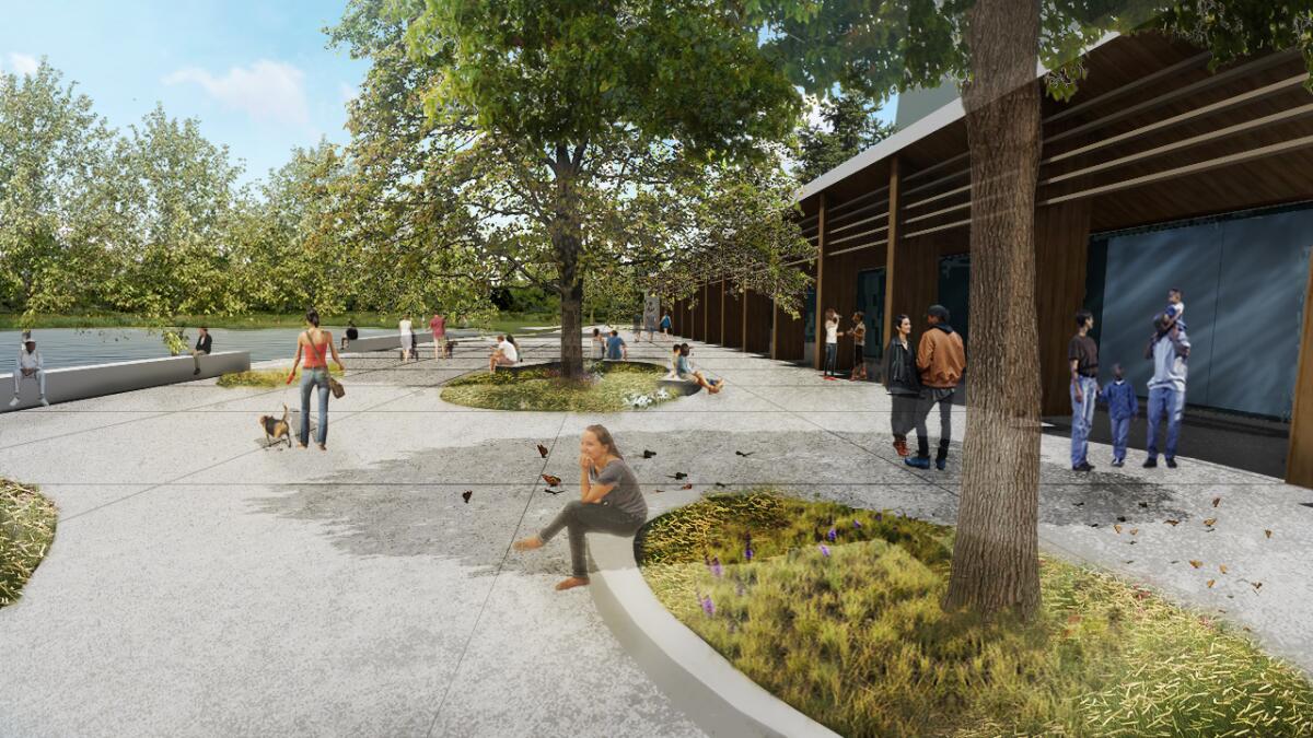 An architectural renderings shows people strolling between a community center on the right and lakefront on the left