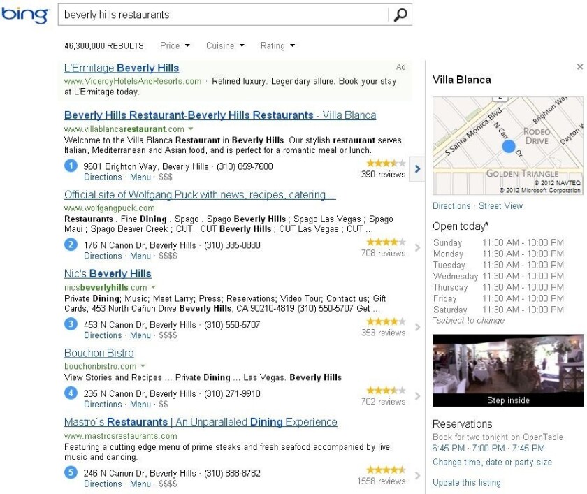 Screenshot of Bing's search results featuring Yelp content.