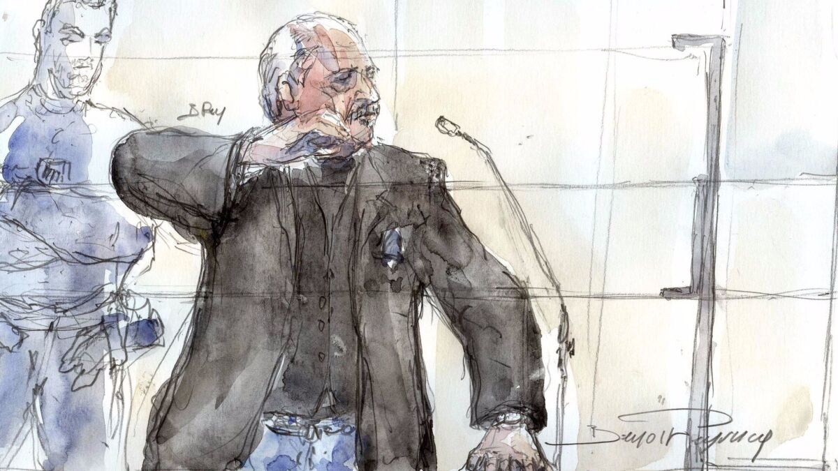 This courtroom sketch created in Paris on Tuesday shows Ilich Ramirez Sanchez, a.k.a. Carlos the Jackal, during his trial for the deadly bombing at a Paris shopping arcade more than 40 years ago.