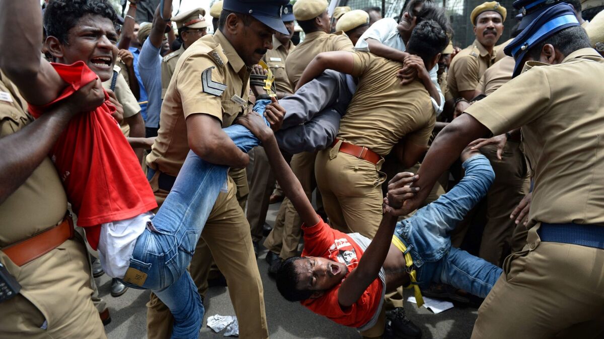 Indian police remove members of the Revolutionary Students and Youth Front during a May 31 protest in Chennai against Prime Minister Narendra Modi and the ban on the sale of cows for slaughter.