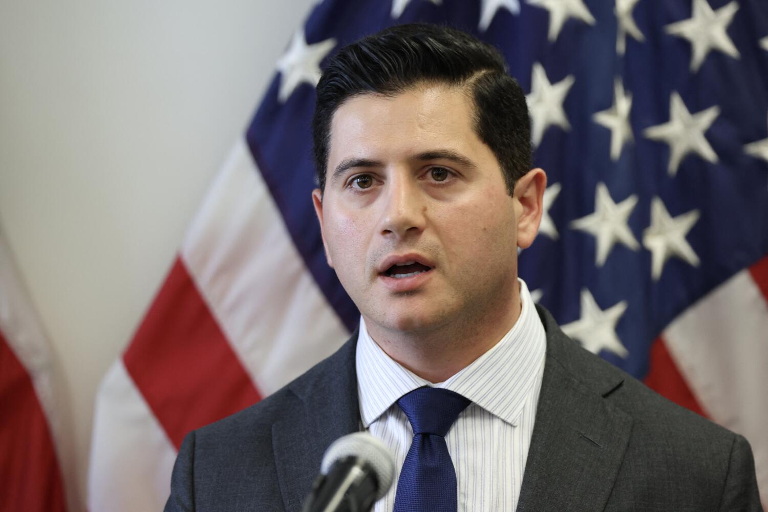 US Attorney for the Central District of California Bilal Essayli, speaks during a news conference with Department of Homeland Security Secretary Kristi Noem (out of frame) at the Wilshire Federal Building in Los Angeles on June 12, 2025. US President Donald Trump said Thursday that Los Angeles was