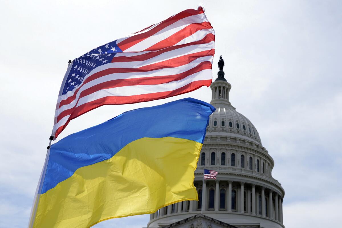U.S. and Ukrainian flags fly outside the U.S. Capitol 