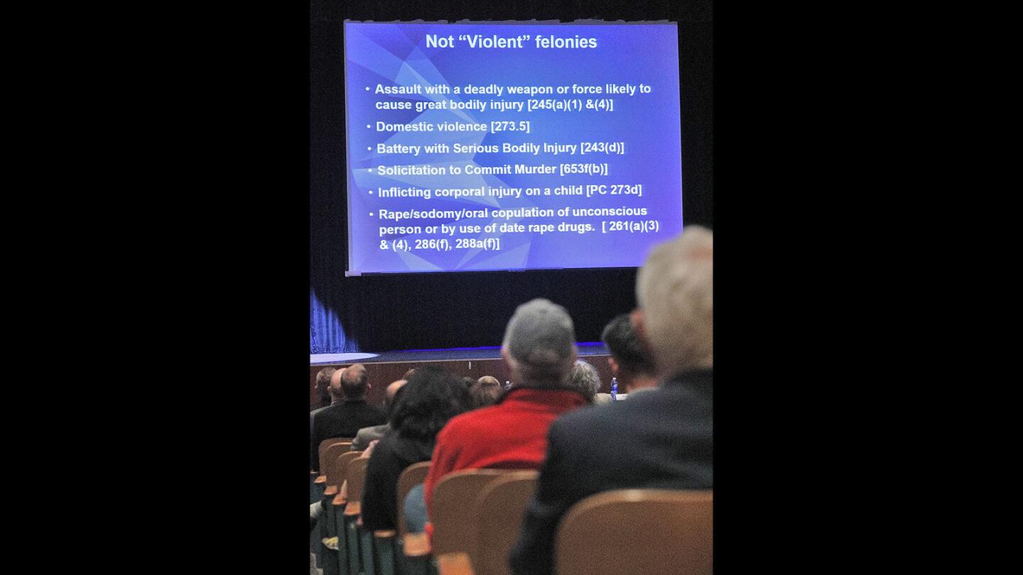 A list of crimes that are considered "not violent felonies" at a town hall discussion regarding residential burglaries at Lanterman Auditorium on Monday, March 5, 2018. The city and Sheriff’s Department are taking to protect the La Canada community amid changes in State laws that are impacting crime in communities across the San Gabriel Valley, and how residents can safeguard themselves against property-related crimes.