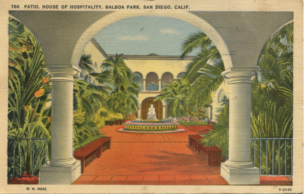 This vintage Balboa Park postcard features non-native palm trees planted on the House of Hospitality Patio.
