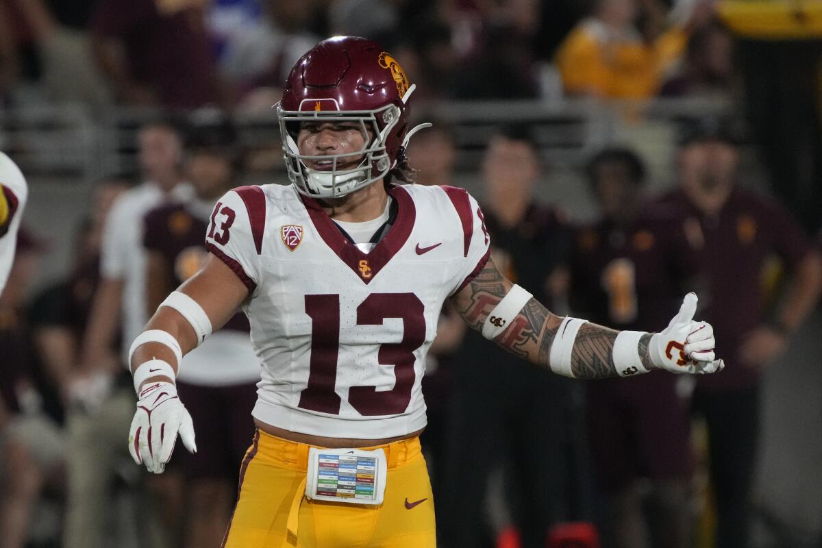 USC linebacker Mason Cobb gestures during a game against Arizona State on Sept. 23.