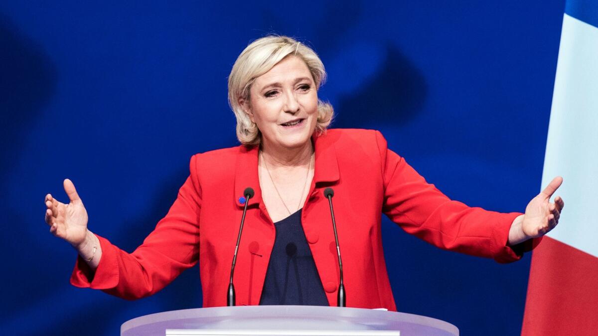 Far-right candidate for the French presidential election Marine Le Pen speaks during a campaign meeting in Paris on April 17.