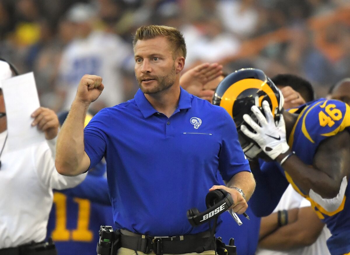 Rams head coach Sean McVay gestures during the second half of a preseason game against the Dallas Cowboys in Honolulu.