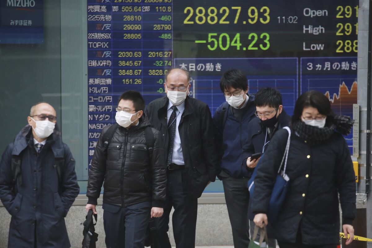 People walk by an electronic stock board of a securities firm in Tokyo, Thursday, Jan. 6, 2022. Asian stock markets followed Wall Street lower on Thursday after investors saw minutes from a Federal Reserve meeting as a sign the U.S. central bank might hike interest rates faster to cool inflation. (AP Photo/Koji Sasahara)
