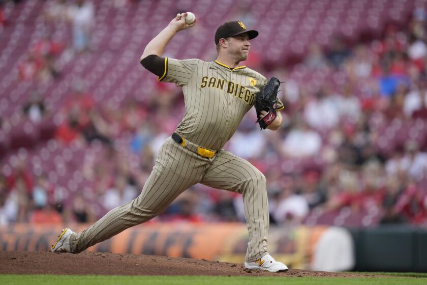San Diego Padres starting pitcher Michael King throws to a Cincinnati Reds batter during the first inning of a baseball game Wednesday, May 22, 2024, in Cincinnati. (AP Photo/Carolyn Kaster)