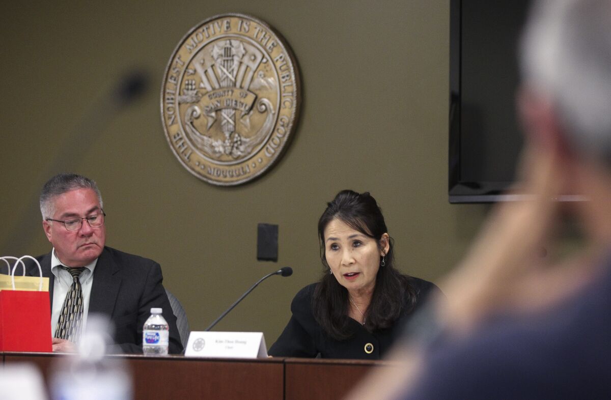 Board Chair Kim-Thoa Hoang spoke at a meeting of the County of San Diego Citizen's Law Enforcement Review Board last June