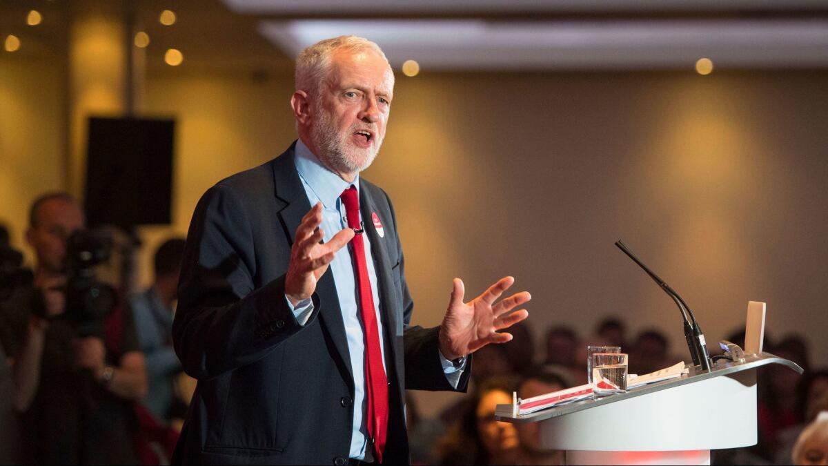 Labor Party leader Jeremy Corbyn speaks at the launch of the party's race and faith manifesto at an event in Watford, England, on May 30, 2017.