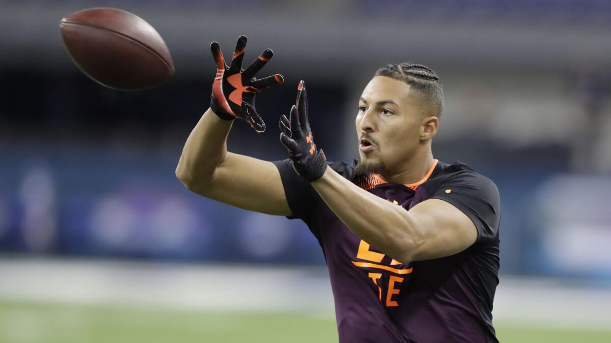 UCLA tight end Caleb Wilson runs a drill during the NFL scouting combine March 2 in Indianapolis.