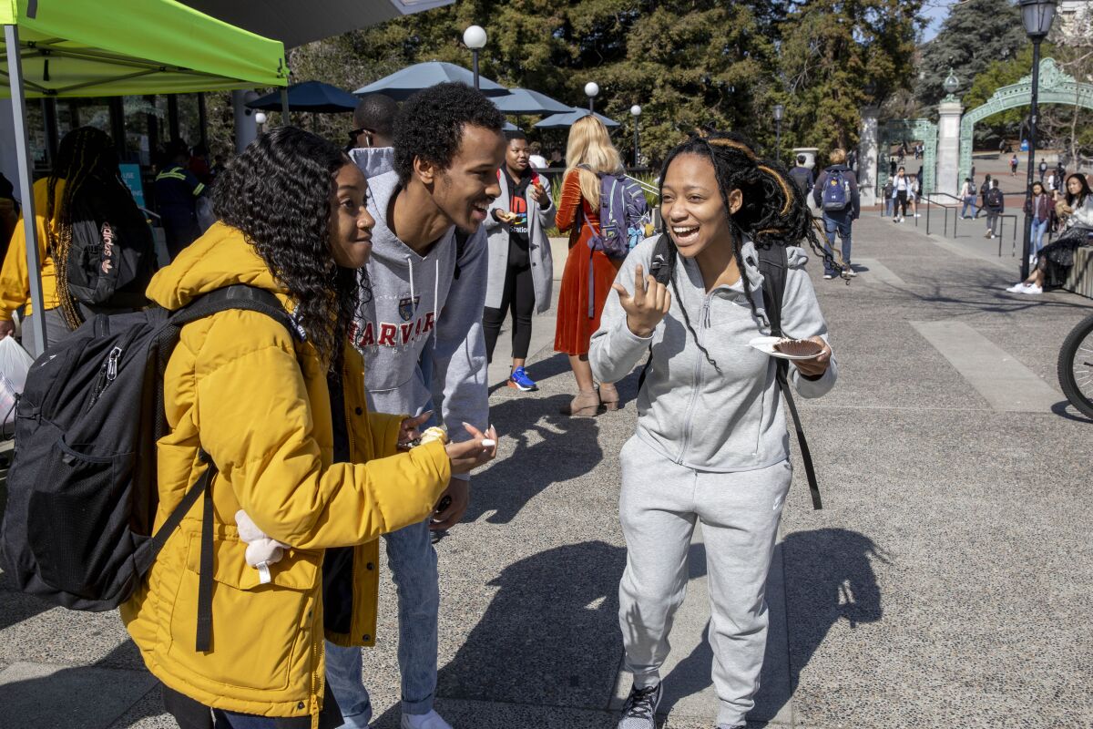 UC Berkeley students chat during "Black Wednesday" on Sproul Plaza.