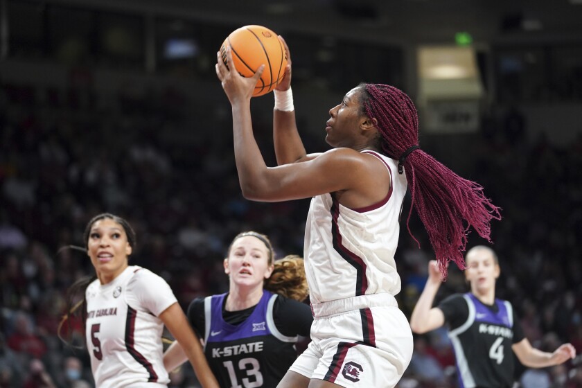South Carolina forward Aliyah Boston shoots during the second half of the team's NCAA college basketball game Kansas State on Friday, Dec. 3, 2021, in Columbia, S.C. (AP Photo/Sean Rayford)