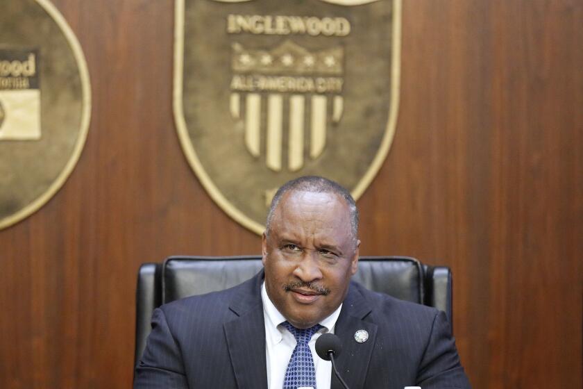 INGLEWOOD, CALIF. -- FRIDAY, JULY 21, 2017: Inglewood Mayor James T. Butts holds a special city council meeting in the council chambers at City Hall in Inglewood, Calif., on July 21, 2017. The owner of the Forum, the Southern California concert and sports arena, has filed a claim for damages against the city of Inglewood for quietly entering into an agreement with the Clippers to possibly build a new Los Angeles Clippers arena in the neighborhood. (Gary Coronado / Los Angeles Times)