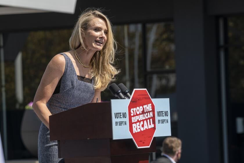 Jennifer Siebel Newsom, wife of California Governor Gavin Newsom, speaks during a campaign event in San Leandro, California, U.S., on Wednesday, Sept. 8, 2021. With less than a week to go before voting concludes on September 14, the survey holds goods news for the Democrat trying to prevail in the second gubernatorial recall in the state's history. Photographer: David Paul Morris/Bloomberg via Getty Images